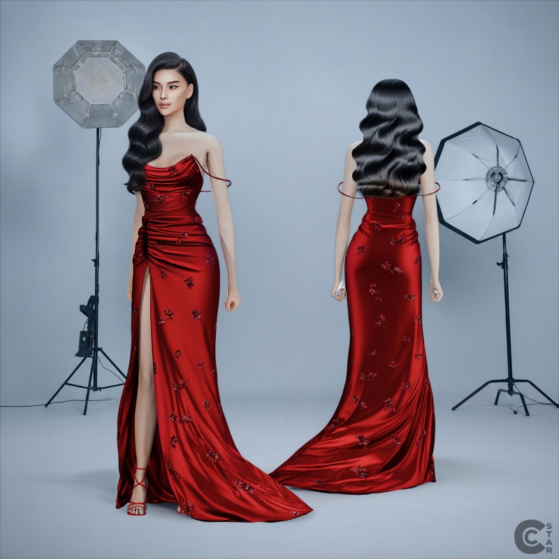 Alpha Off Shoulder Draped Satin Gown with Floral Appliqué and High Slit by cool_content_star - The Sims 4 Custom Content