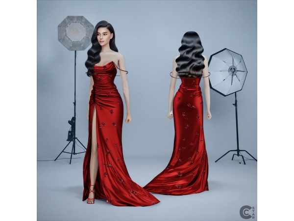 Alpha Off Shoulder Draped Satin Gown with Floral Appliqué and High Slit - The Sims 4 Custom Content