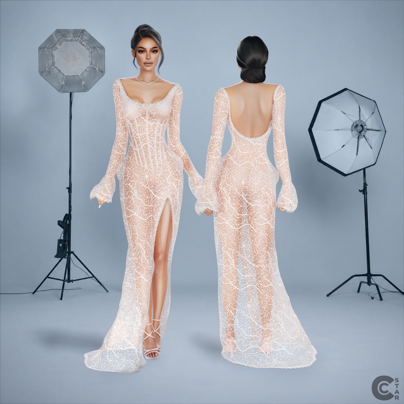 Alpha Sheer Lace Embellished Long Sleeve Gown with High Slit by cool_content_star - The Sims 4 Custom Content