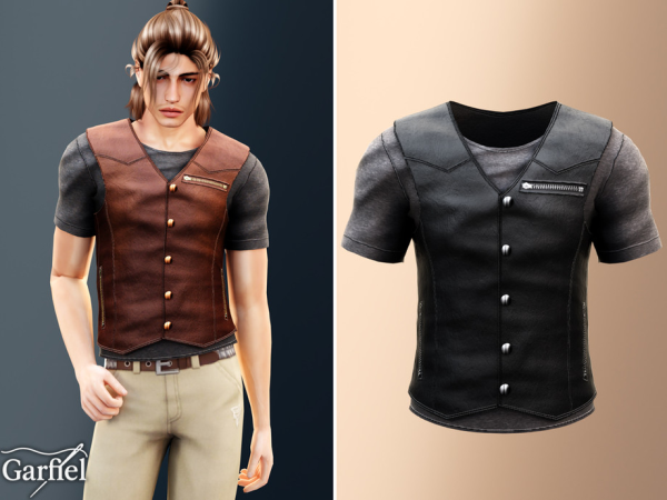Alpha Adult Layered leather vest top with rugged zipper details by Garfiel - The Sims 4 Custom Content