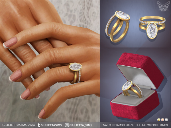 Alpha Oval Cut Diamond Bezel Setting Engagement And Wedding Rings Set by feyona - The Sims 4 Custom Content