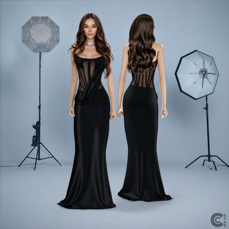 Alpha Sheer Corset Panel OffShoulder Maxi Gown by cool_content_star - The Sims 4 Custom Content