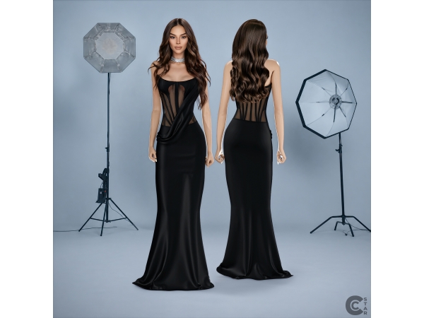 Alpha Sheer Corset Panel OffShoulder Maxi Gown - The Sims 4 Custom Content