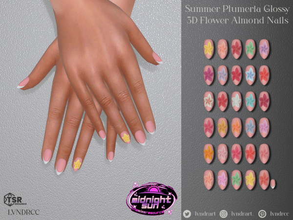 Alpha Summer Plumeria Glossy 3D Flower Almond Nails - The Sims 4 Custom Content