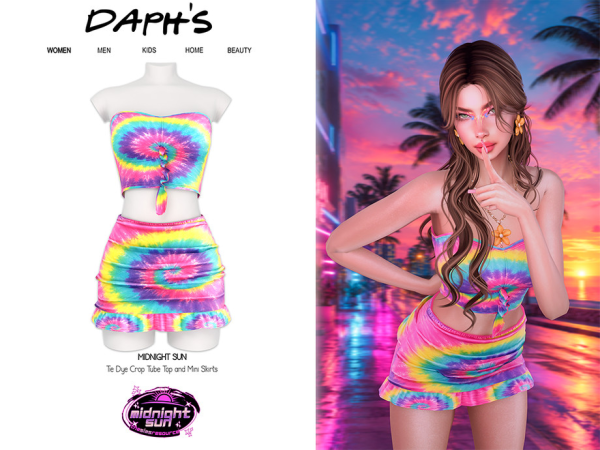 Alpha Daph's MIDNIGHT SUN Tie Dye Crop Tube Top and Mini Skirt - The Sims 4 Custom Content