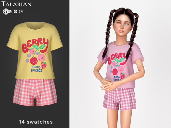 Alpha Adaline T Shirt and Gingham Shorts Outfit Berry Friends CHILD by talarian - The Sims 4 Custom Content