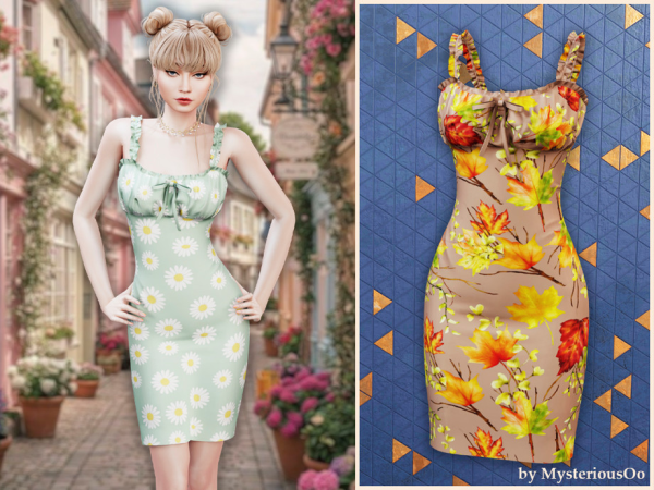 Alpha Ruffle strap floral bodycon dress by MysteriousOo - The Sims 4 Custom Content