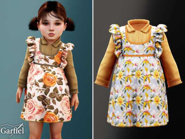Alpha Toddler Floral pinafore dress layered over a collared blouse by Garfiel - The Sims 4 Custom Content