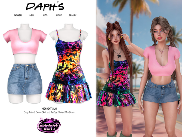 Alpha Daph's MIDNIGHT SUN Crop T shirt and Denim Skirt with Tie Dye Pleated Mini Dress - The Sims 4 Custom Content