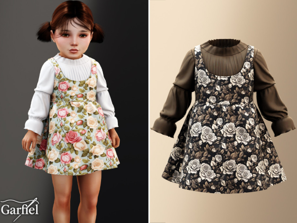 Alpha Toddler Floral pinafore dress with pleated high neck blouse by Garfiel - The Sims 4 Custom Content