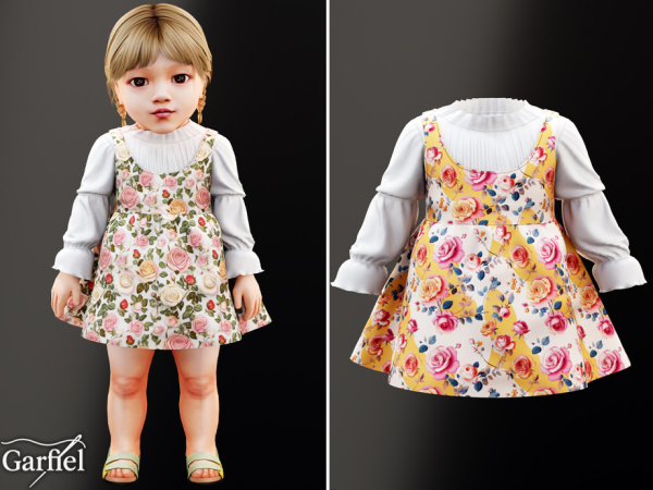 Alpha Infant Rose print pinafore with high neck blouse by Garfiel - The Sims 4 Custom Content