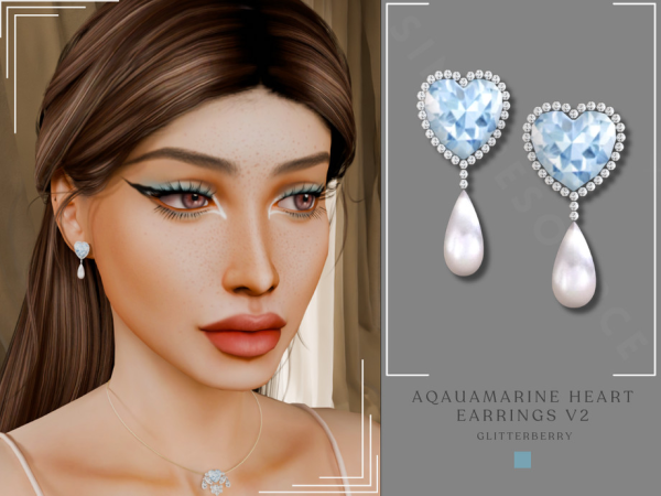 Alpha Patreon Aquamarine Heart Earrings v2 by Glitterberryfly - The Sims 4 Custom Content