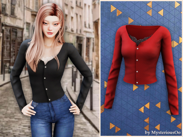 Alpha Lace trim button cardigan top by MysteriousOo - The Sims 4 Custom Content