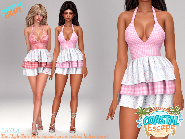 Alpha tsr Layla Coastal Escape Mixed print ruffled halter dress - The Sims 4 Custom Content