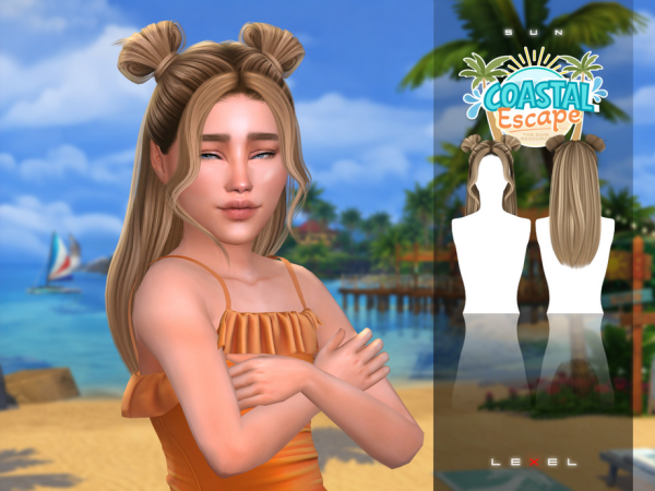 Alpha LEXEL Sun long female updo with buns and bangs child hairstyle - The Sims 4 Custom Content