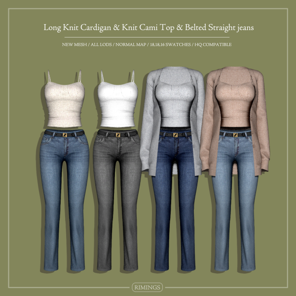 Alpha [RIMINGS] Long Knit Cardigan Knit Cami Top Belted Straight jeans by simsfinds - The Sims 4 Custom Content