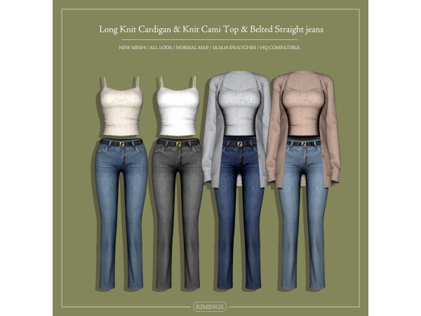 Alpha [RIMINGS] Long Knit Cardigan Knit Cami Top Belted Straight jeans - The Sims 4 Custom Content