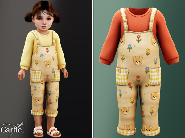 Alpha Toddler Bear print overalls with gingham pocket details by Garfiel - The Sims 4 Custom Content