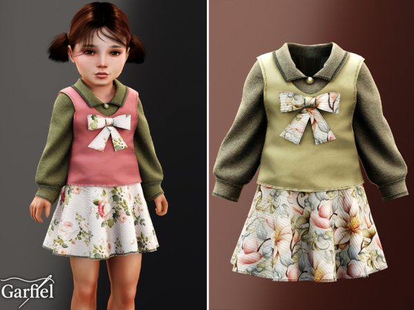 Alpha Toddler Collared bow dress with soft floral skirt by Garfiel - The Sims 4 Custom Content
