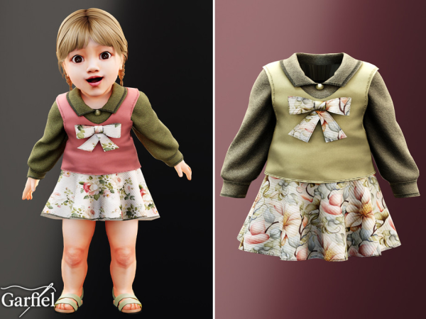 Alpha Infant Layered collar dress with bow and floral skirt by Garfiel - The Sims 4 Custom Content