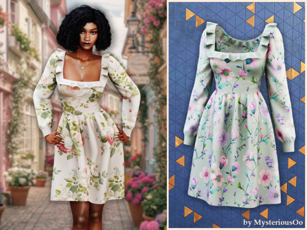 Alpha Ruffle trim floral dress by MysteriousOo - The Sims 4 Custom Content
