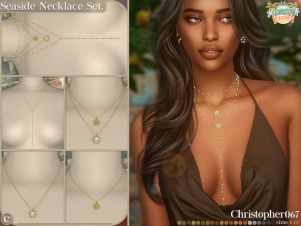 Mix Seaside Necklace Set Pearl Bead Seashell and Flower Charm Layered Necklaces Christopher067 - The Sims 4 Custom Content