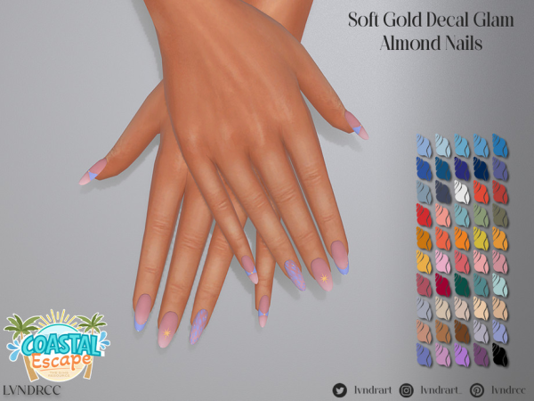 Alpha Coastal Escape Soft Gold Decal Glam Almond Nails - The Sims 4 Custom Content