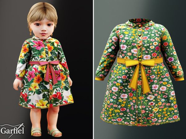 Alpha Infant Tropical flower coat dress with belted bow by Garfiel - The Sims 4 Custom Content