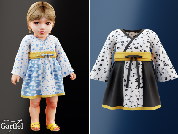 Alpha Infant Kimono style dress with sash and cloud print by Garfiel - The Sims 4 Custom Content