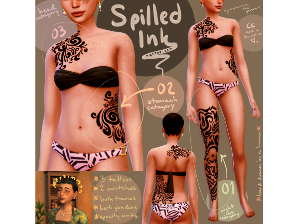 Mix Spilled Ink Tattoo Set by PersimmonThePerson - The Sims 4 Custom Content