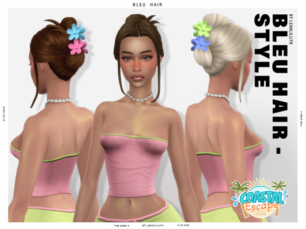 Maxis Match Coastal Escape Bleu Flower Hairclip Bun hairstyle by Leah_Lillith - The Sims 4 Custom Content