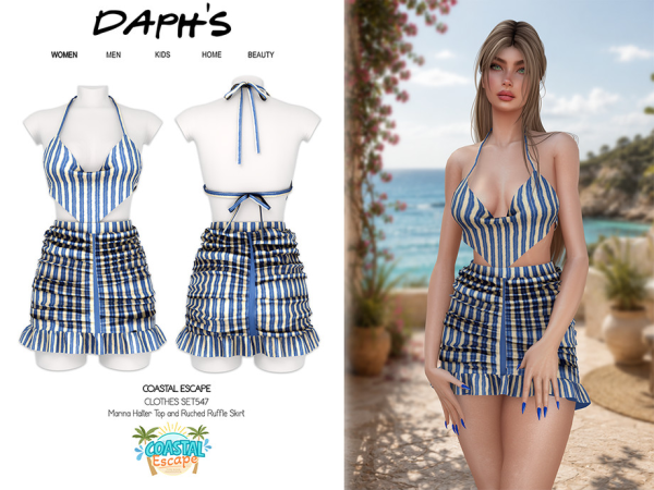 Alpha Daph's Coastal Escape Marina Halter Top and Ruched Ruffle Skirt - The Sims 4 Custom Content