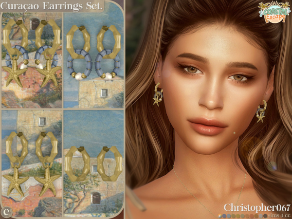 Mix Curacao Earrings Set Beaded Ring and Starfish Charm Hoop Earrings Christopher067 - The Sims 4 Custom Content