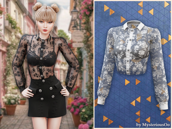 Alpha Sheer lace button blouse by MysteriousOo - The Sims 4 Custom Content