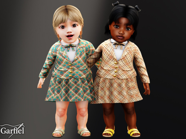 Alpha Infant Charming plaid blazer outfit with bow and skirt by Garfiel - The Sims 4 Custom Content