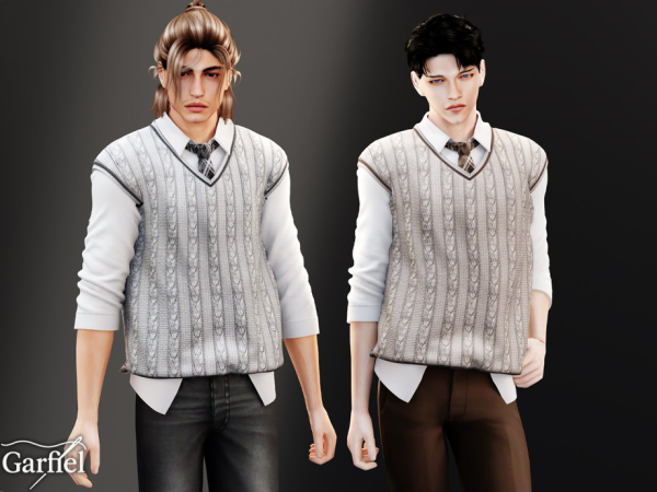 Alpha Adult Classic cable knit sweater vest with layered shirt by Garfiel - The Sims 4 Custom Content