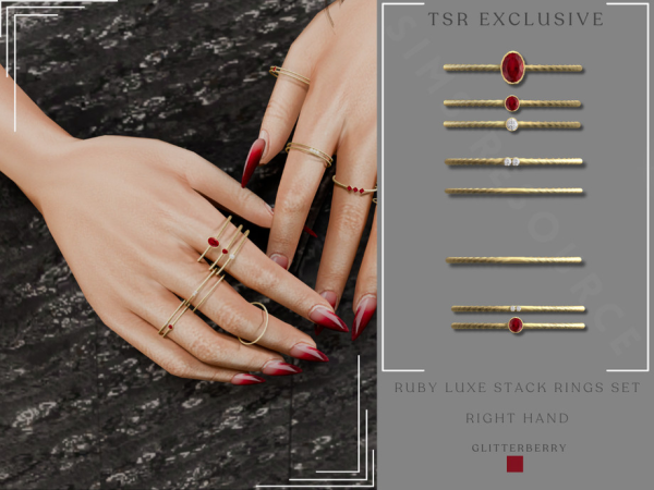 Alpha Ruby Luxe Ring Stack Set Right Hand by Glitterberryfly - The Sims 4 Custom Content