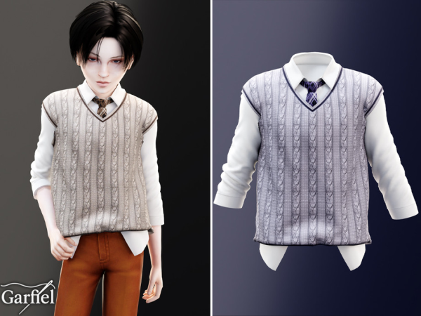 Alpha Child Preppy cable knit vest with shirt and tie by Garfiel - The Sims 4 Custom Content