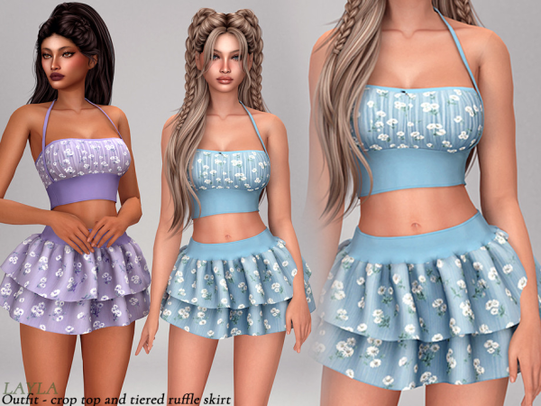 Alpha tsr Layla Two piece outfit crop top and tiered ruffle skirt - The Sims 4 Custom Content