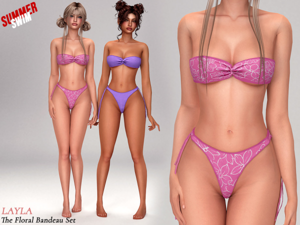 Alpha tsr Layla Floral strapless bandeau with high hip bottoms bikini - The Sims 4 Custom Content