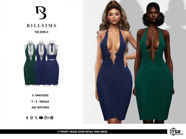Alpha V Front Cross Over Detail Midi Dress by Bill_Sims - The Sims 4 Custom Content