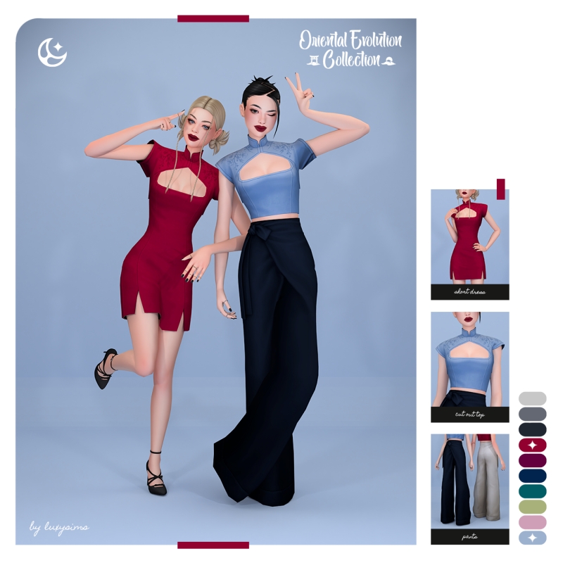 Maxis Match Short Dress Cut Out Top Pants Oriental Evolution Collection by luxysims - The Sims 4 Custom Content