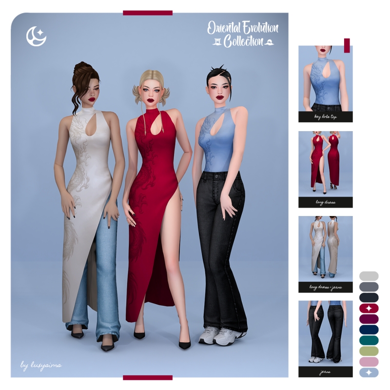 Maxis Match Long Dress Key Hole Top Jeans Oriental Evolution Collection by luxysims - The Sims 4 Custom Content