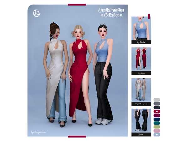 Maxis Match Long Dress Key Hole Top Jeans Oriental Evolution Collection - The Sims 4 Custom Content