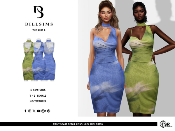 Alpha Print Scarf Detail Cowl Neck Midi Dress by Bill_Sims - The Sims 4 Custom Content