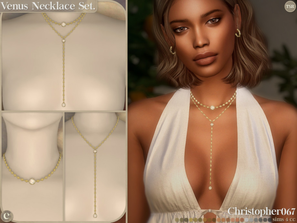 Alpha Venus Necklace Set Mother of Pearl Pendant Lariat Layered Necklaces Christopher067 - The Sims 4 Custom Content