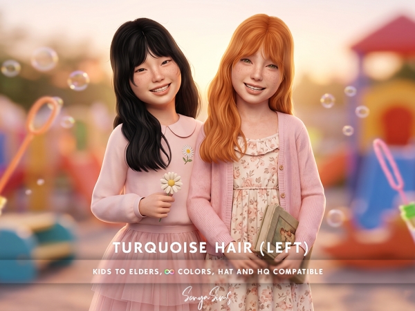 Alpha Turquoise Hair LEFT WITH BANGS KIDS - The Sims 4 Custom Content
