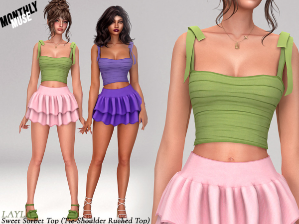 Alpha tsr Layla Ruched top and tiered ruffle mini skirt set - The Sims 4 Custom Content