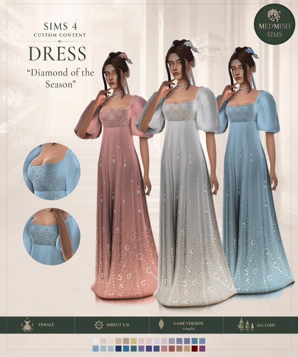 Maxis Match Medieval style Regency style Diamond of the Season dress by simsfinds - The Sims 4 Custom Content