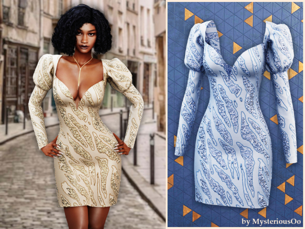 Alpha Sequin puff sleeve dress by MysteriousOo - The Sims 4 Custom Content